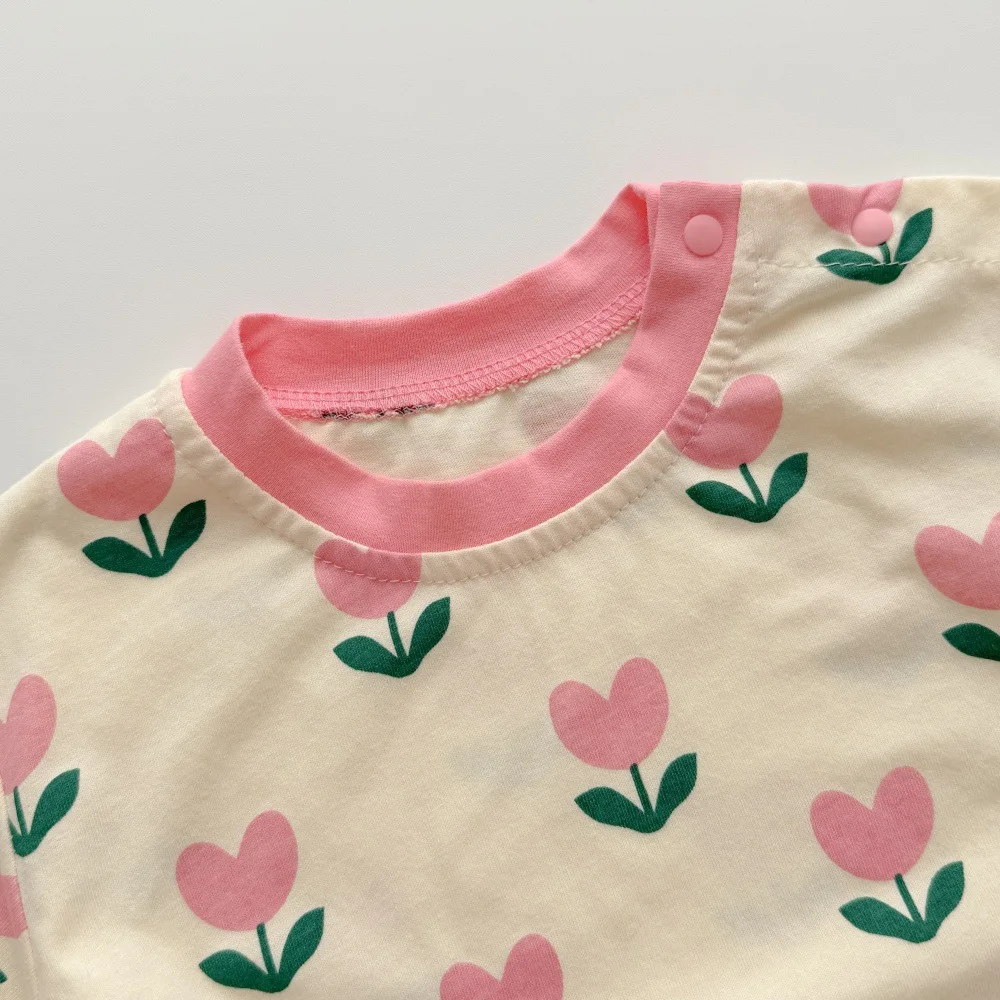 Летняя одежда для девочек от 0 до 2 лет, детские комбинезоны с короткими рукавами, розовые комбинезоны с принтом тюльпанов, наряд для маленьких девочек