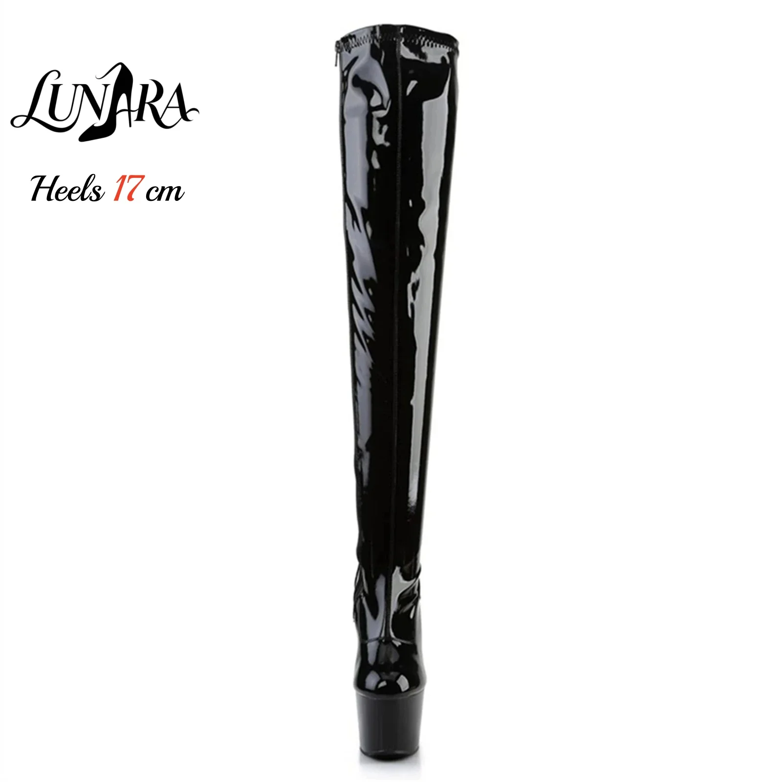 17cm/7Inch Black Patent Leather Side Zipper Closed Toe Platform Stilettos Thigh High Boot Stripper Pole Dance Nightclub Rave