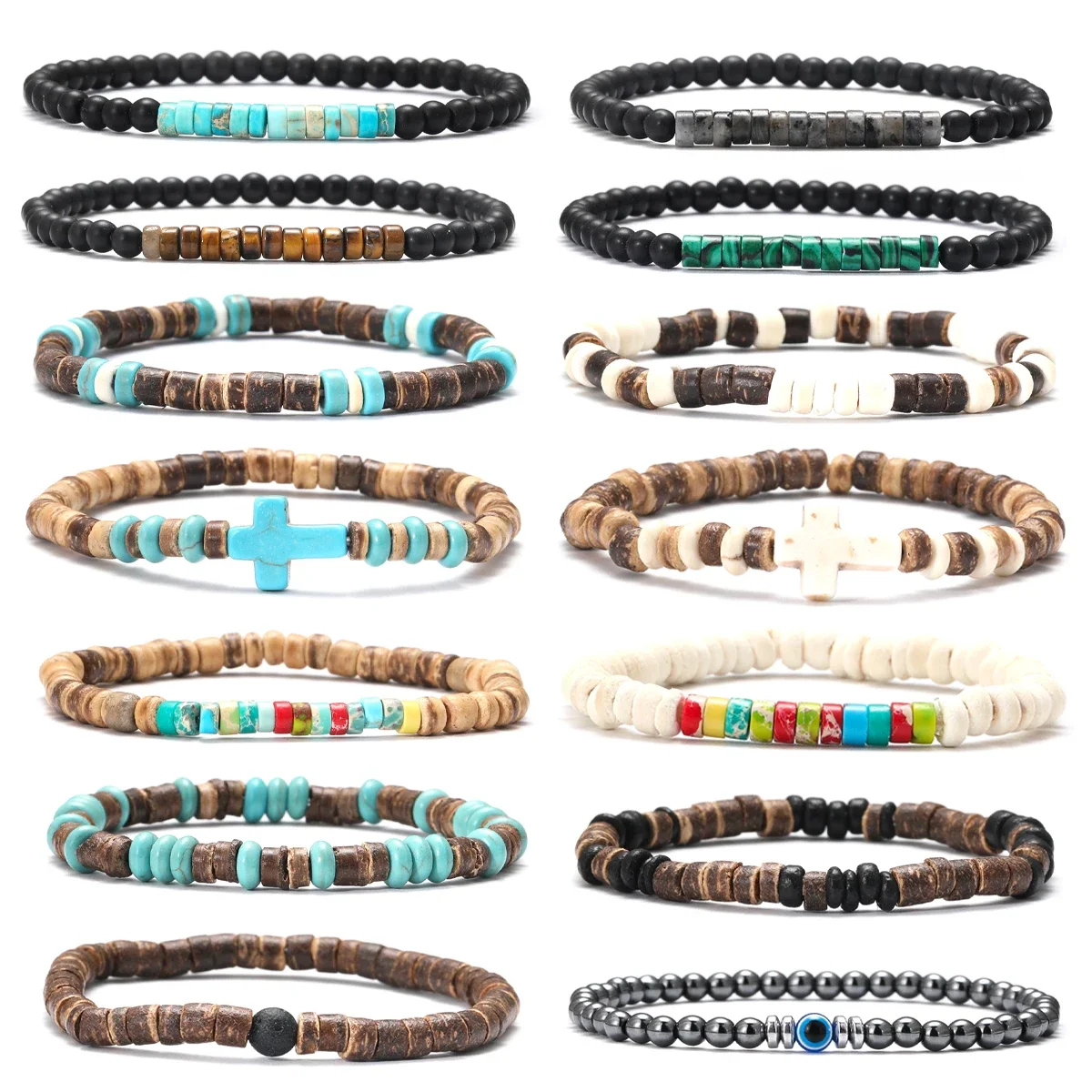 Turquoise Stone Wood Beads Bracelet Stackable Elastic Bracelet For Men and Women Retro Boho Vacation Jewelry 1pcs view 2