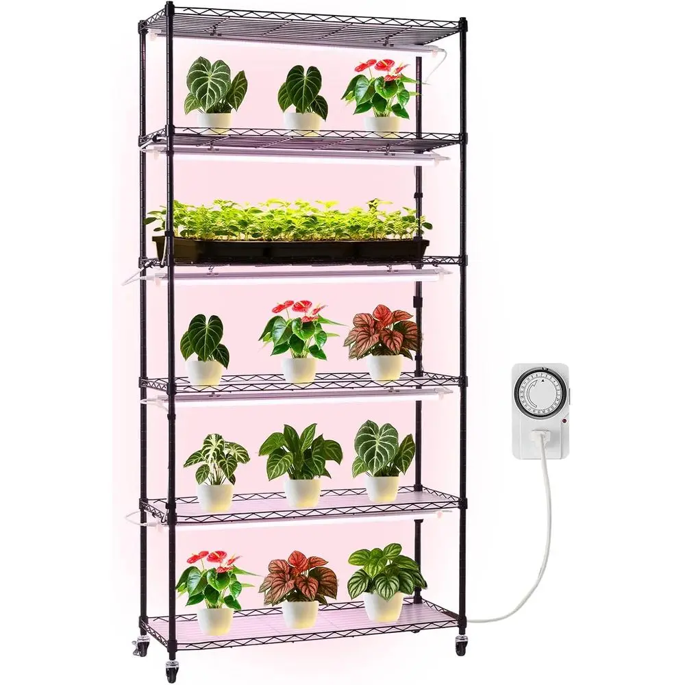 

6-ярусная подставка для комнатных растений с высокой стойкой (71 дюйм), фитолампой полного спектра 150 Вт, таймером и колесами