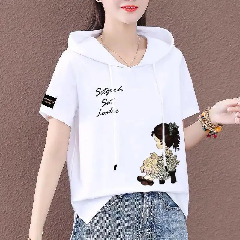 Frauen Sommer trend ige y2k Cartoon-Druck Kordel zug Baumwolle Kapuze T-Shirt koreanischen Stil lässig Kurzarm lose Pullover Tops Ropa
