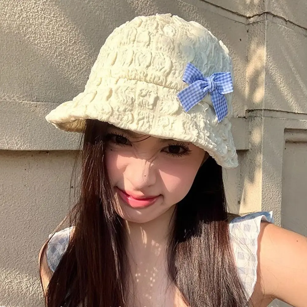 Ins Bow Bucket Caps قبعات أنيقة حلوة النسيج القطني خفيفة الوزن عارضة قبعة واقية من الشمس السفر