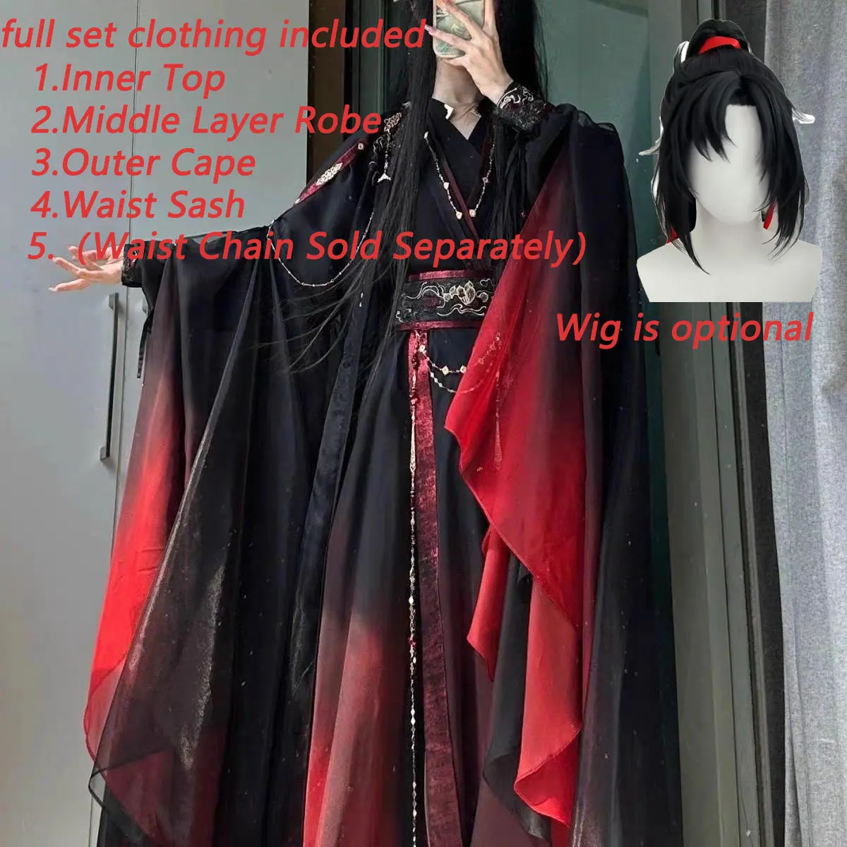 Conjunto de 4 Piezas de Túnica Xianxia China Antigua Unisex, Disfraz de Cosplay Estilo Hanfu en Degradado Negro y Rojo, Traje de Guerrero Oriental para Escenario