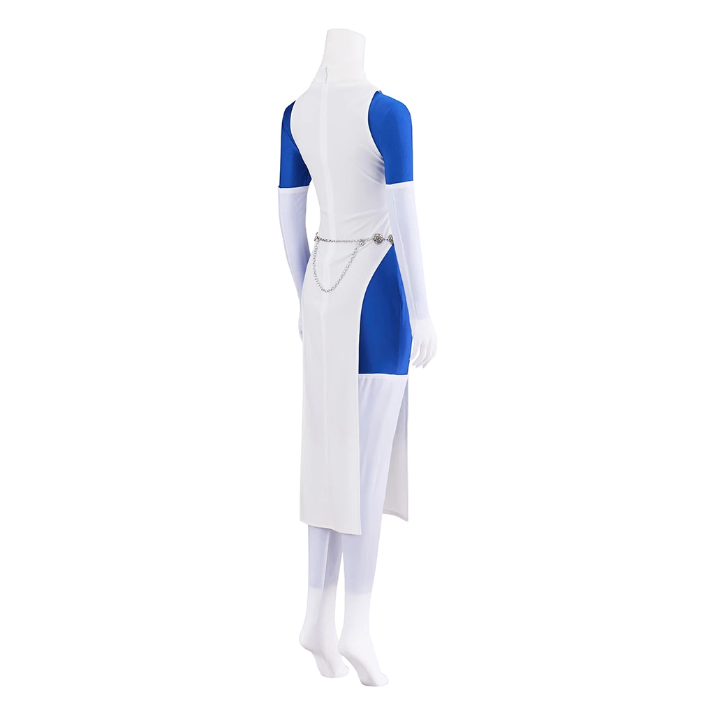 영화 Mystique 코스프레 의상 파란색 바지와 여자의 흰색 드레스 벨트 복장과 할로윈 코스프레 무대