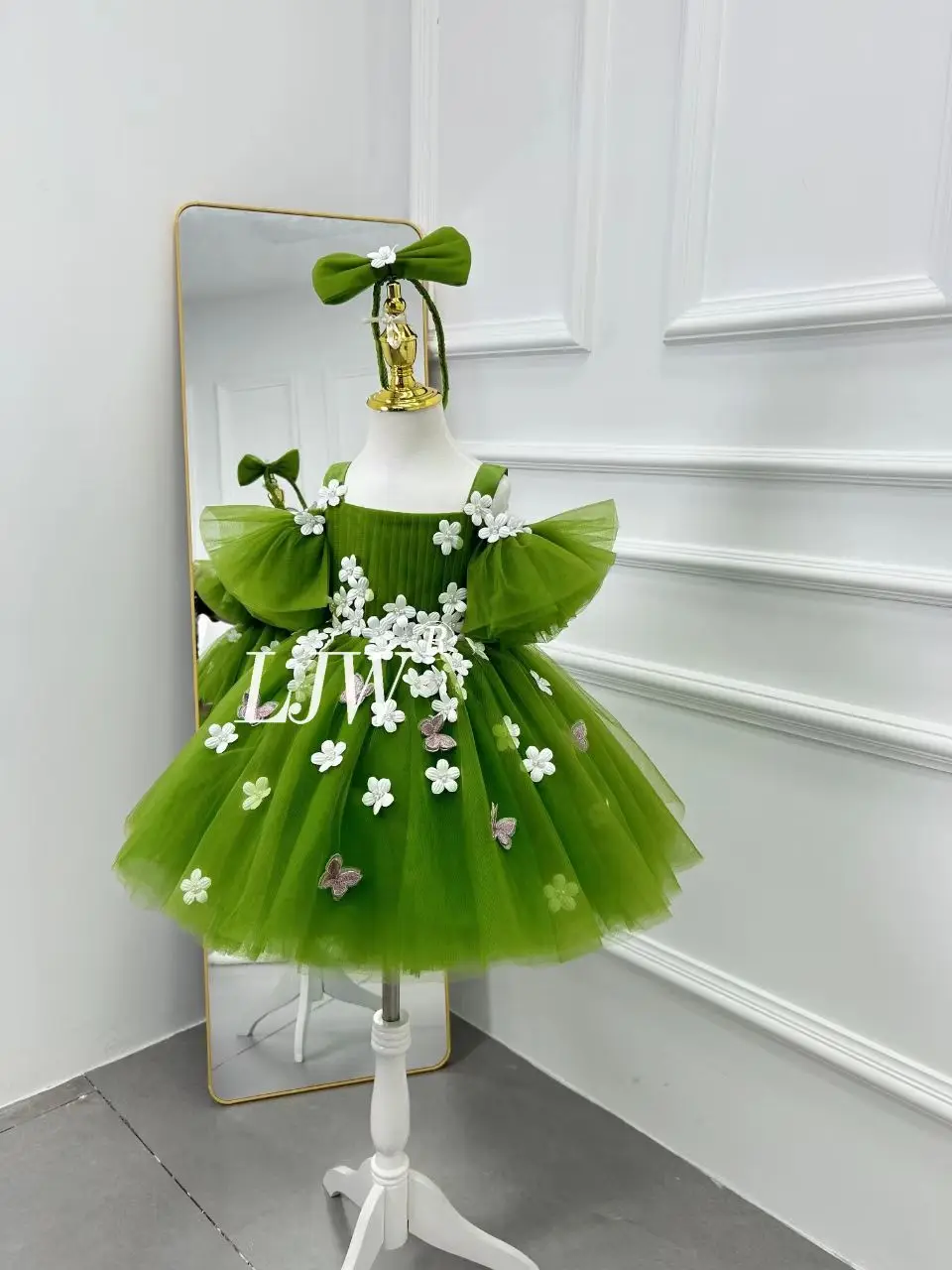 الزهور الخضراء الجنية شبكة فستان الأميرة الأطفال المعمودية الزي حفل زفاف وعيد ميلاد فستان 2-8 سنة زهرة فتاة الزفاف #3