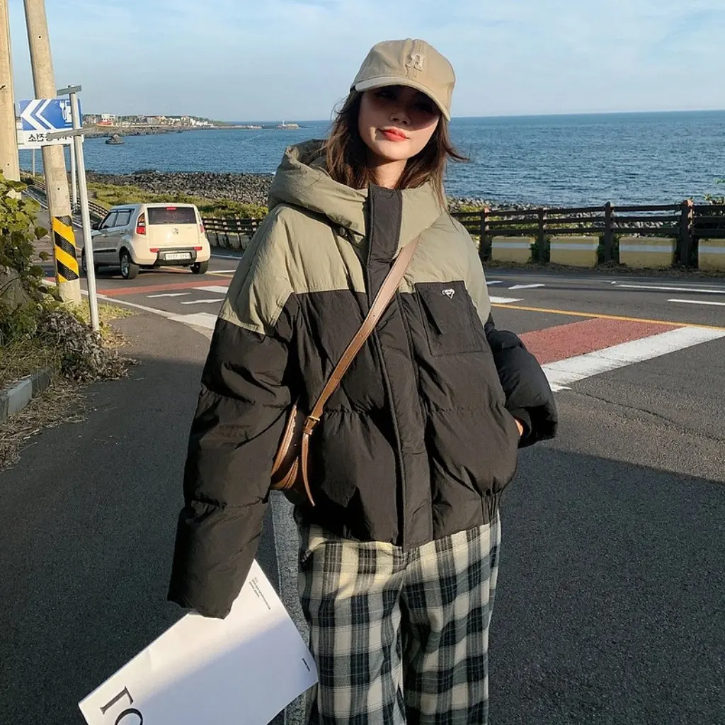 

Women's down Cotton-padded Jacket Short Korean-style Hooded Fashion Color-matching Small Bread Coat New Arrivals