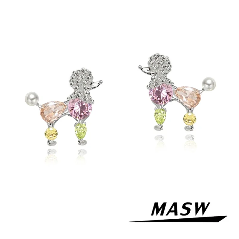 MASW Original Design Lovely Style Cute Temperament High Quality Glass Crystal Dog Stud Earrings For Women Girl Modern Jewelry