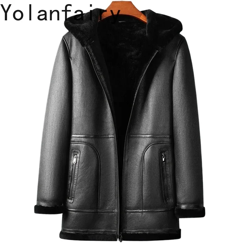 

YOLANFAIRY Winter Original Fur Coat Men's Mid Long Hooded Genuine Sheepskin Natural Fur Jacket Warm Fur Clothes for Men Outwear