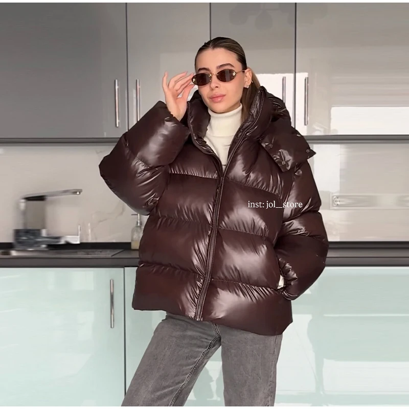 Glossy Cropped Hooded Puffer Coat Drawstring Hem Zip-Up 2026 Winter Women Warm Padded Jacket Warm Causal Lady Cotton‑Padded Coat