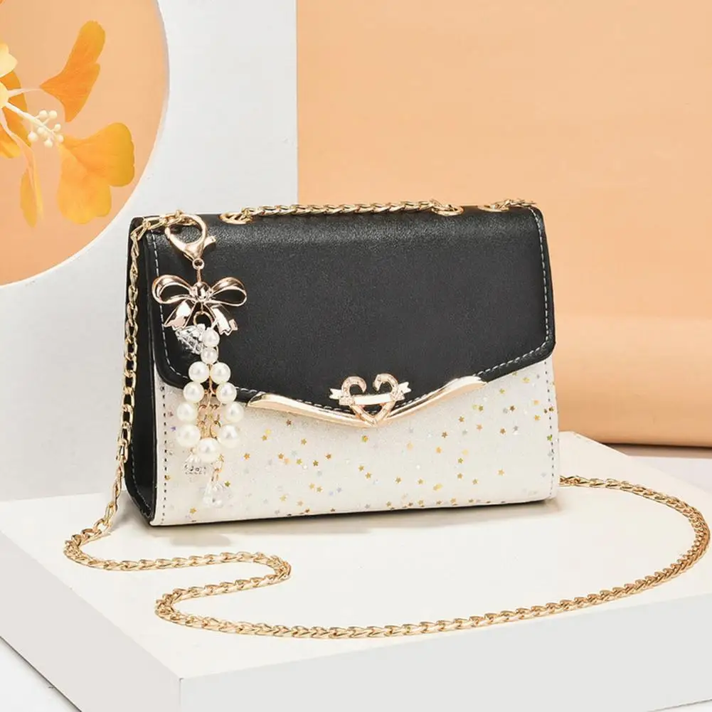 Women Shoulder Bag Faux Pearl Bow Pendant Decor Sequin Hard Shell Faux Leather Crossbody Bag Commuting Travel Sling Bag 크로스백