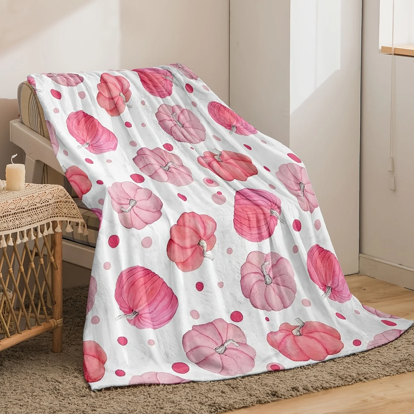 1pc Digital Printing Pink Cute Polka Dot Pumpkin Coverlet - Lightweight, Comfortable And Soft Fall Flannel Blanket, Suitable for