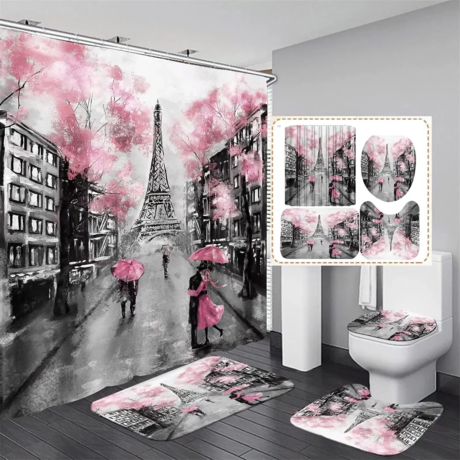 Paris Eiffel Tower Pink Valentine Waterproof Shower Curtain With Non-slip Rugs Set Bathroom Decor