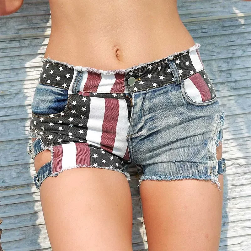 New Women Denim Shorts High Waist Sexy Mini Super Shorts USA Flag Print Booty Hole Destroyed Jeans Super Ripped Shorts Feminino