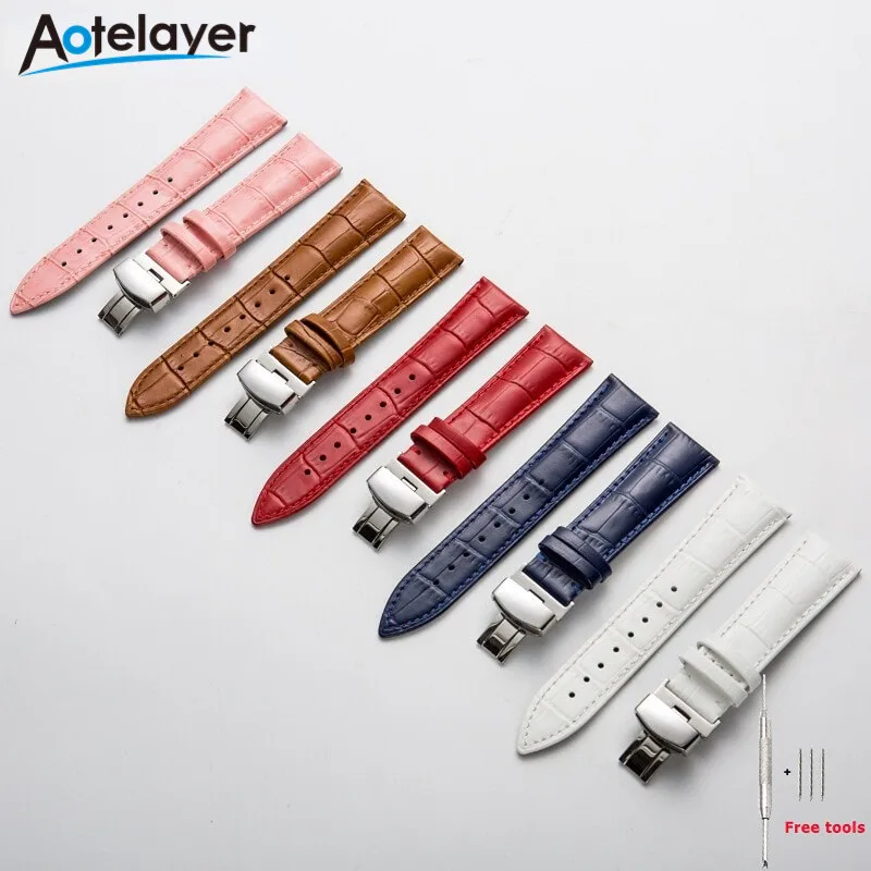 

14 15 16 17 18 19 20 21 22 23 24mm Width Colorful Top Layer Leather Watchbands Bamboo Leather Butterfly Buckle Straps