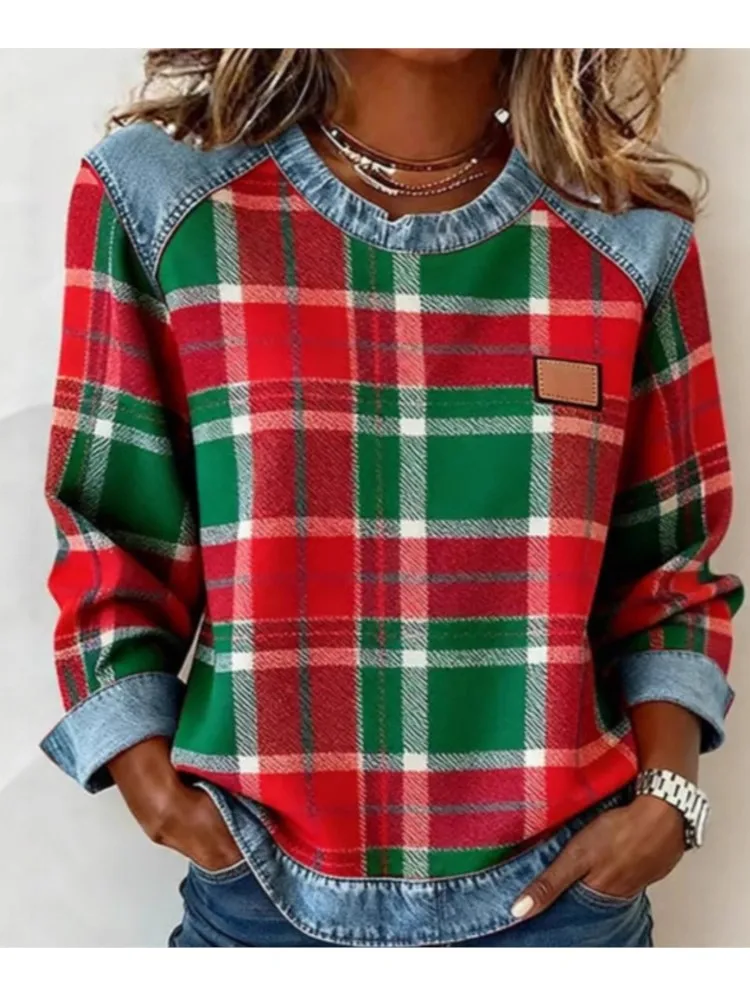 Frühling Herbst Karierten Druck Lose Hoodie Frau Mode Oansatz Farbe Passenden Sweatshirt Damen Büro Vielseitig Pullover