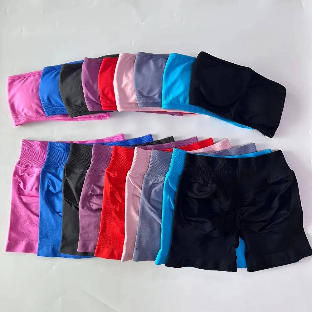 Yoga Women 2-Piece Set Bandeau Impact Backless Sports Bra And Scrunch Shorts Gym Workout Outfit Comfortable Fitness Clothing