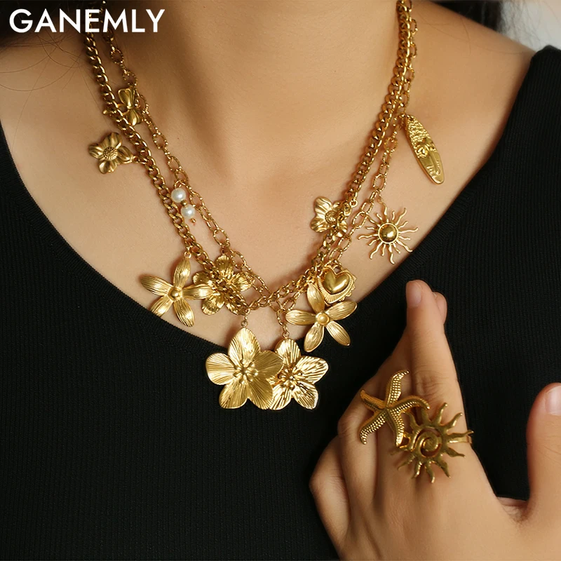 

GANEMLY 316L Stainless Steel Flowers Sun Pendant Necklace Ocean Style Handmade Chain Golden PVD Jewelry Waterproof for Women