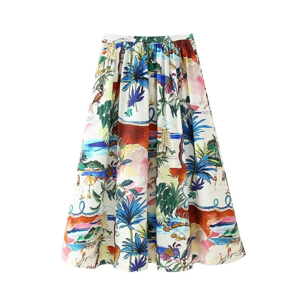 2024 Summer New Product Women\'s Fashion Casual Polo Neck Short Sleeve Printed Shirt Printed Midi Skirt Set