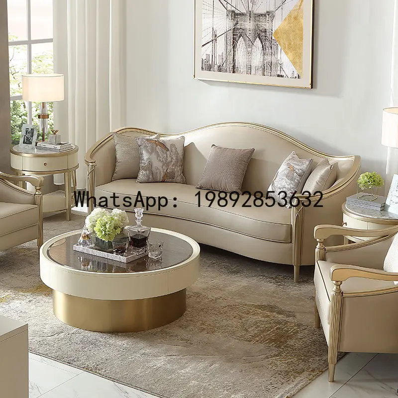 CZ American Style Leather Sofa Living Room Set Modern French European Style Irregular Curved Villa High-End Solid Wood Furniture