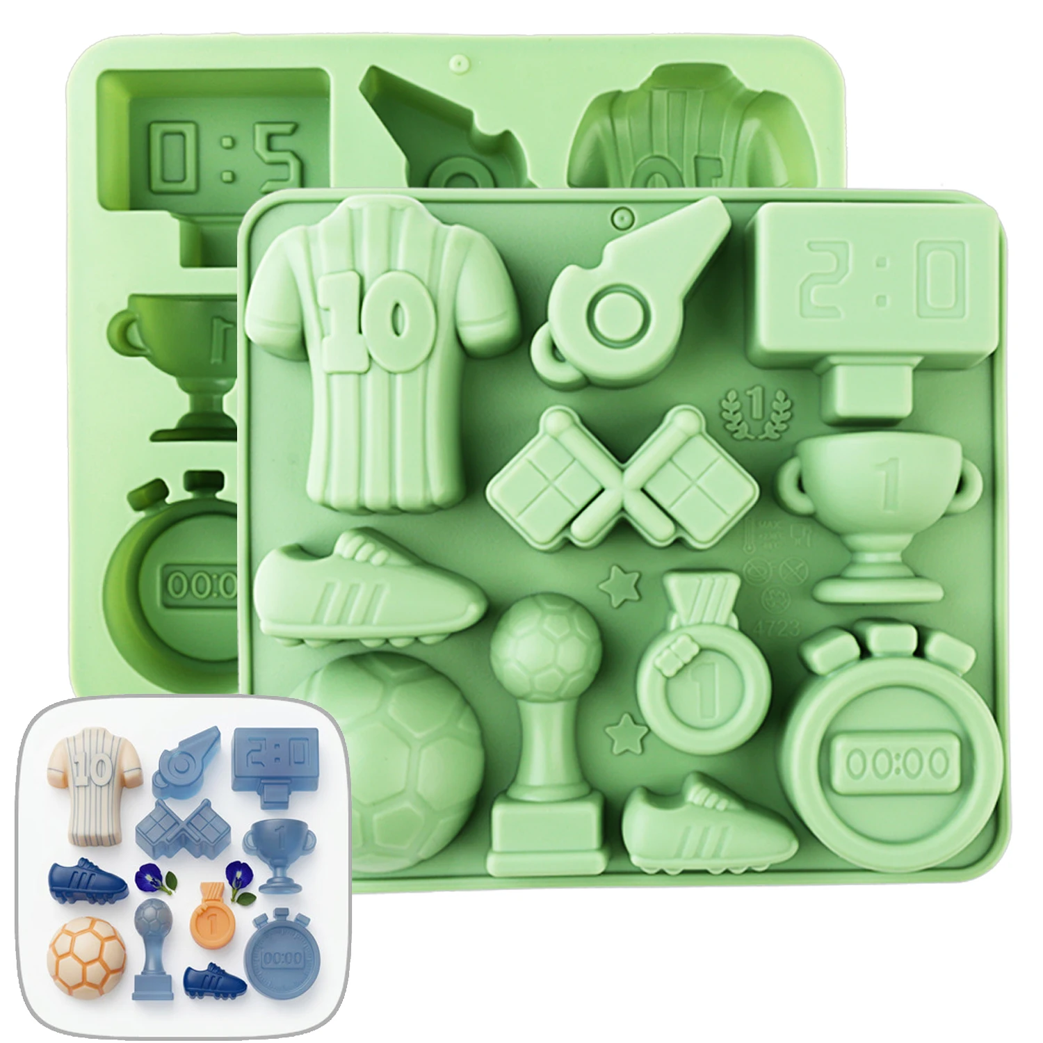 Silicone Cake Mold - แม่พิมพ์ซิลิโคนสำหรับอบขนมรูปทรงฟุตบอลสีเขียว 1 ชิ้น มีลวดลายต่างๆ เช่น ถ้วยรางวัล