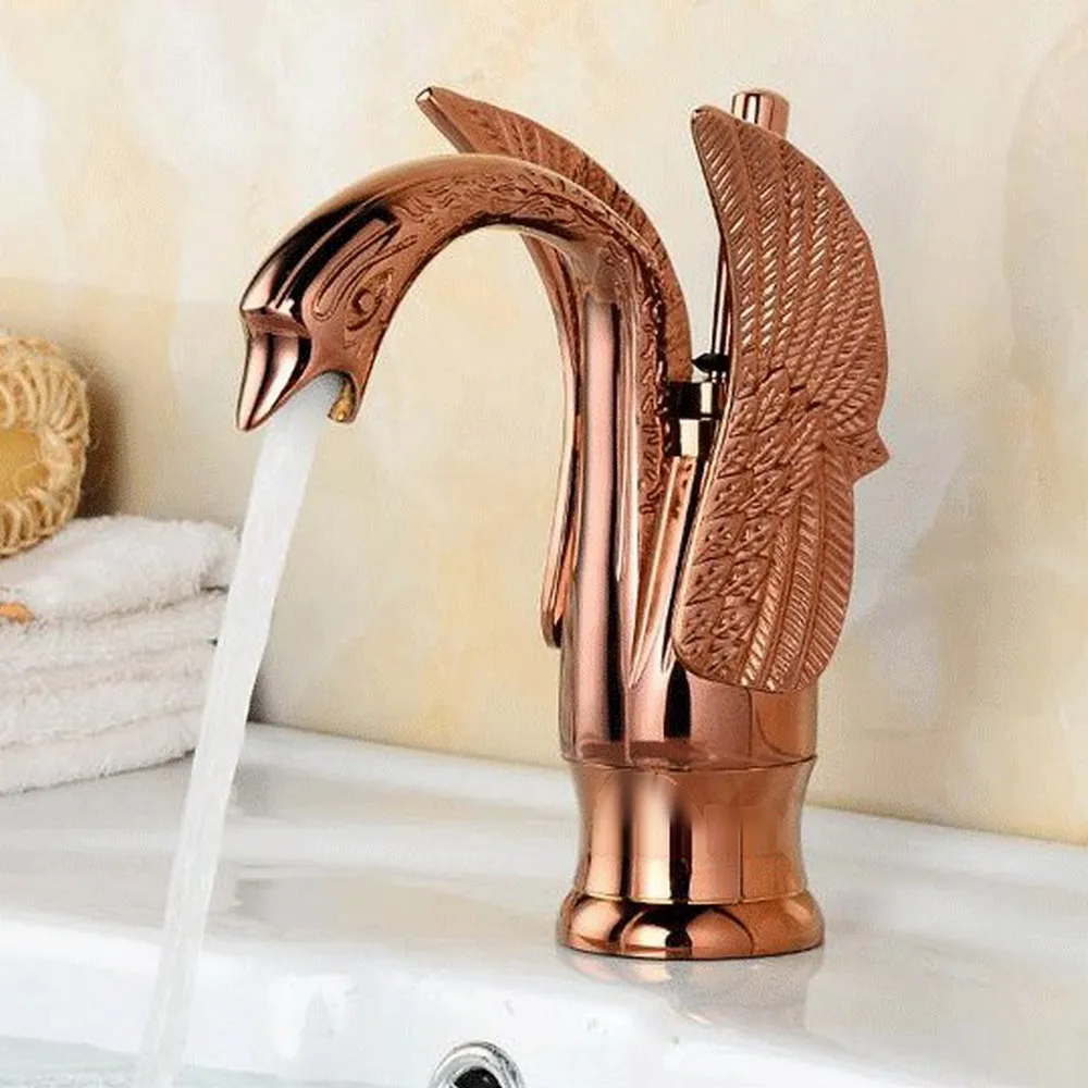 

Luxury Rose Gold Copper Brass Carved Animal Swan Style Bathroom Sink Basin Mixer Tap Faucet One Hole Single Handle mnf180