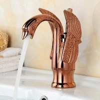 Luxury Rose Gold Copper Brass Carved Animal Swan Style Bathroom Sink Basin Mixer Tap Faucet One Hole Single Handle mnf180