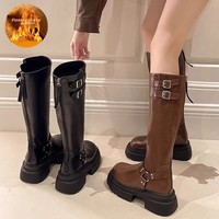 Thick-Soled Fleece-Lined Warm Women's Long Boots 2024 New Vintage Brown Non-Knee-Length High Boots Riding Boots Winter Season