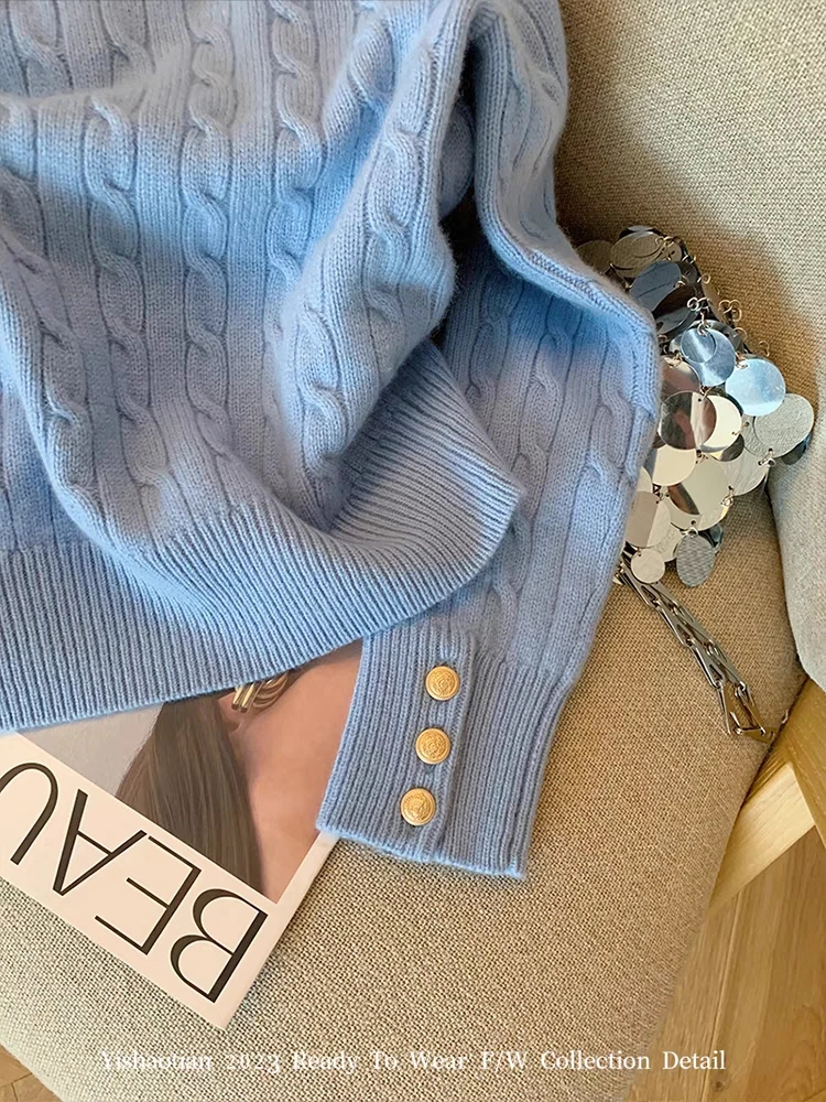 Fashion Office Lady Loose Classical Blue Sweater Vintage O-Neck Long Sleeve Tide Classical Pullovers High Street 2000s Aesthetic