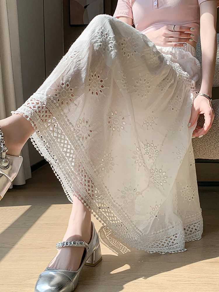 Cotton Linen Skirt Elegant Women's Clothing Summer 2024New High Waist Hook Flower Hollow Mid Length Large Swing Skirts Versatile