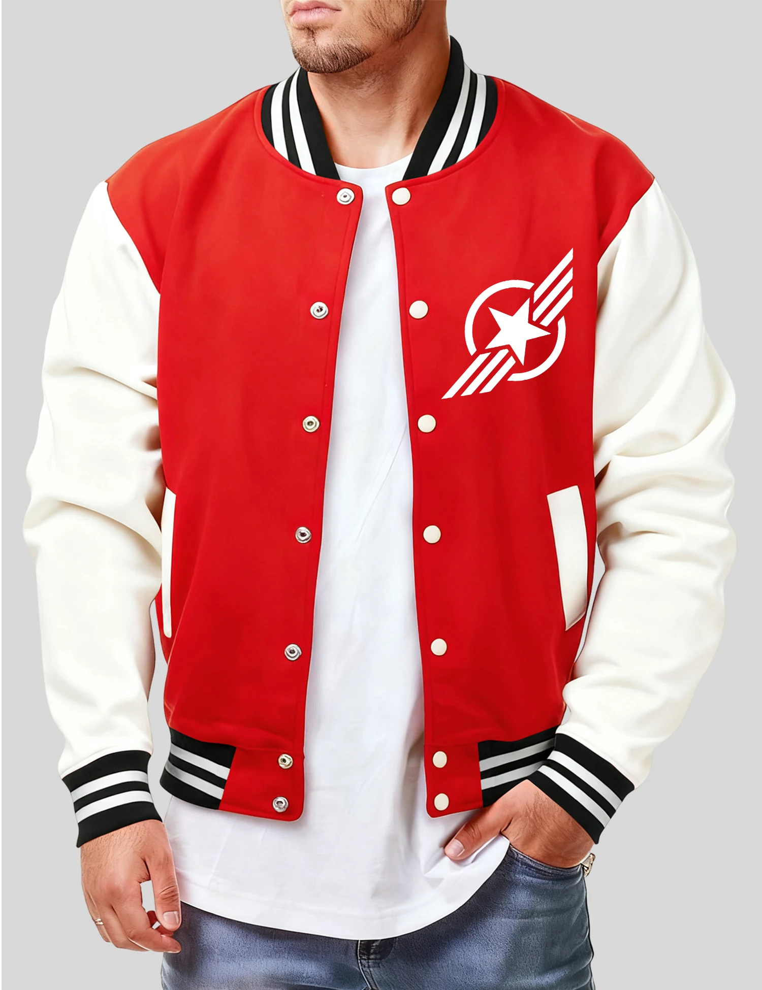 Pentagramma circolare e ali Stampe Maglia da baseball Giacca casual da uomo Autunno Cappotto retrò allentato Abbigliamento in pile unisex per tutti gli abbinamenti