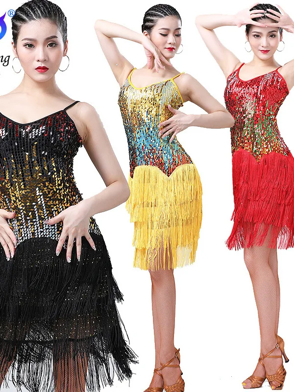 Latin Tanz kleid Tanz kleid Pailletten Quaste Kleid Bühne Performance Kleid Performance Kleid Latin Cha Wettkampf kleid