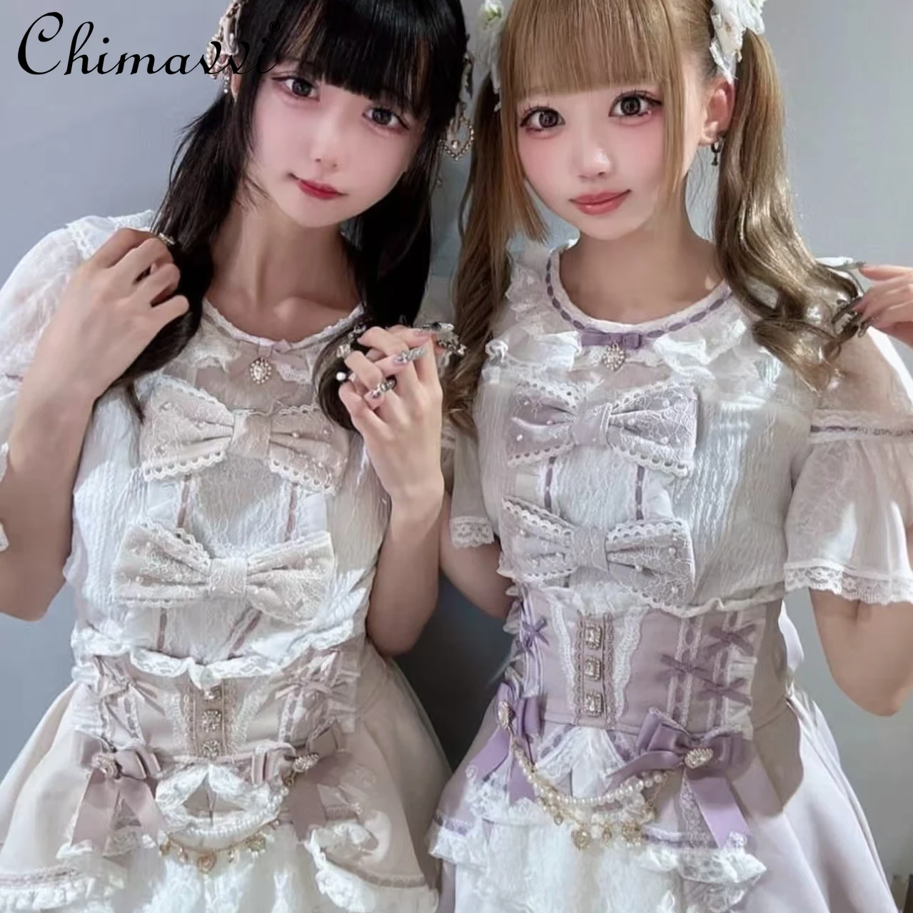 ญี่ปุ่นลิซน่ารักเพชรปุ่มโบว์มุกลูกปัดคอเสื้อหวานสาวหวานแขนสั้นเจ้าหญิงโลลิต้าเสื้อ