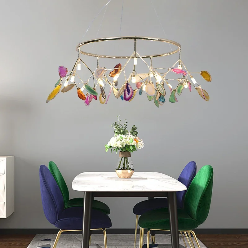 Nordic Colorful Agate LED Chandeliers Romantic Leaves Shape Pendant lamp Art Room Hall Living Room Decoration LED Lights