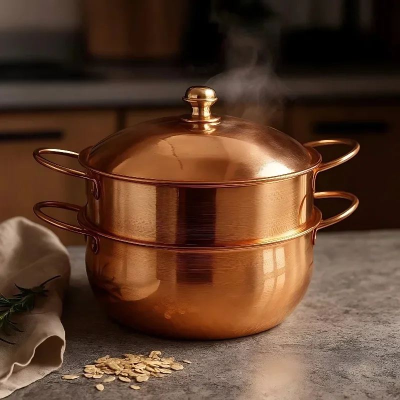 Dual function heavy duty uncoated high capacity pure copper steamer stew soup pot