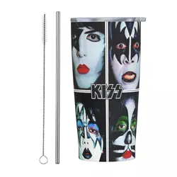 Stainless Steel Tumbler Kiss Rock Music Band Car Mugs With Straws Spooky Face Travel Hot Drinks Water Bottle 20oz Thermal Cups