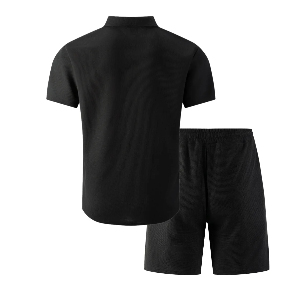 Summer New Men Waffle Knit Polo Solid Color Lapel Short Sleeve Cardigan Shirt Pocket Shorts Set Casual 2 Piece Outfit For Male