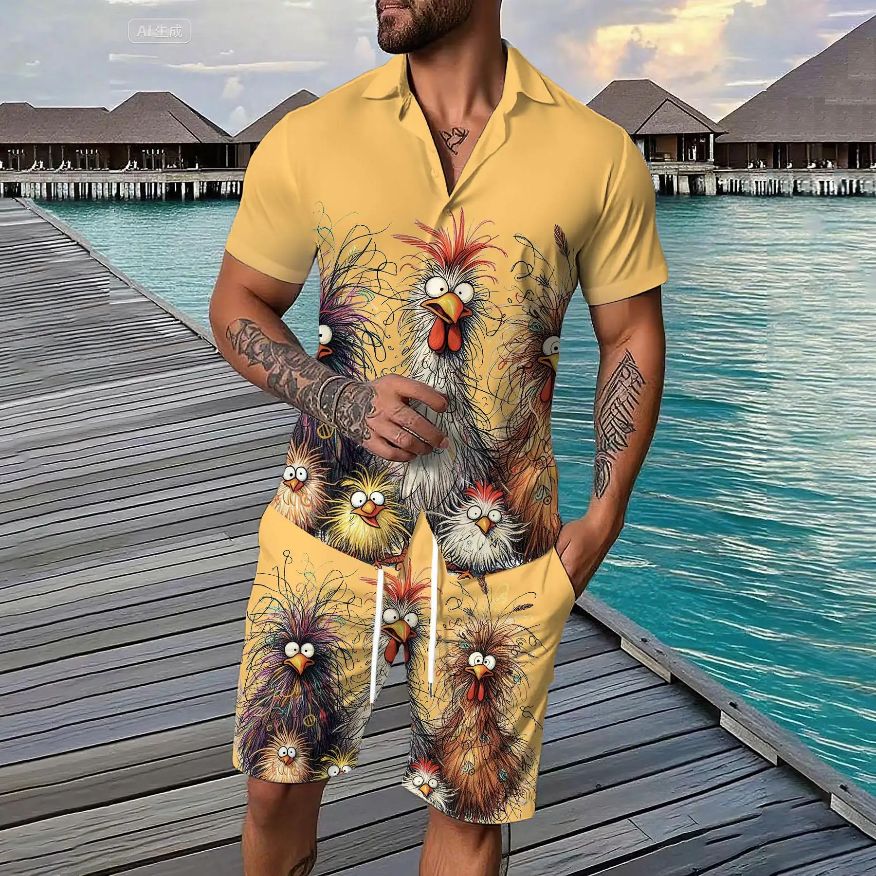 

Summer Men's Shirt Shorts Set 3D Cartoon Chicken Printed Casual Short-sleeved Shirt Hawaiian shirt set y2k Men's Beach Shorts