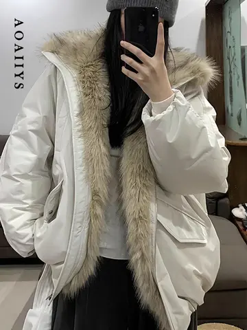Aoaiiys Down Cotton Parkas Women Fur Collar Spliced Jackets Coat Winter Clothes Woman Long Sleeve Thicken Warm Solid Outerwear