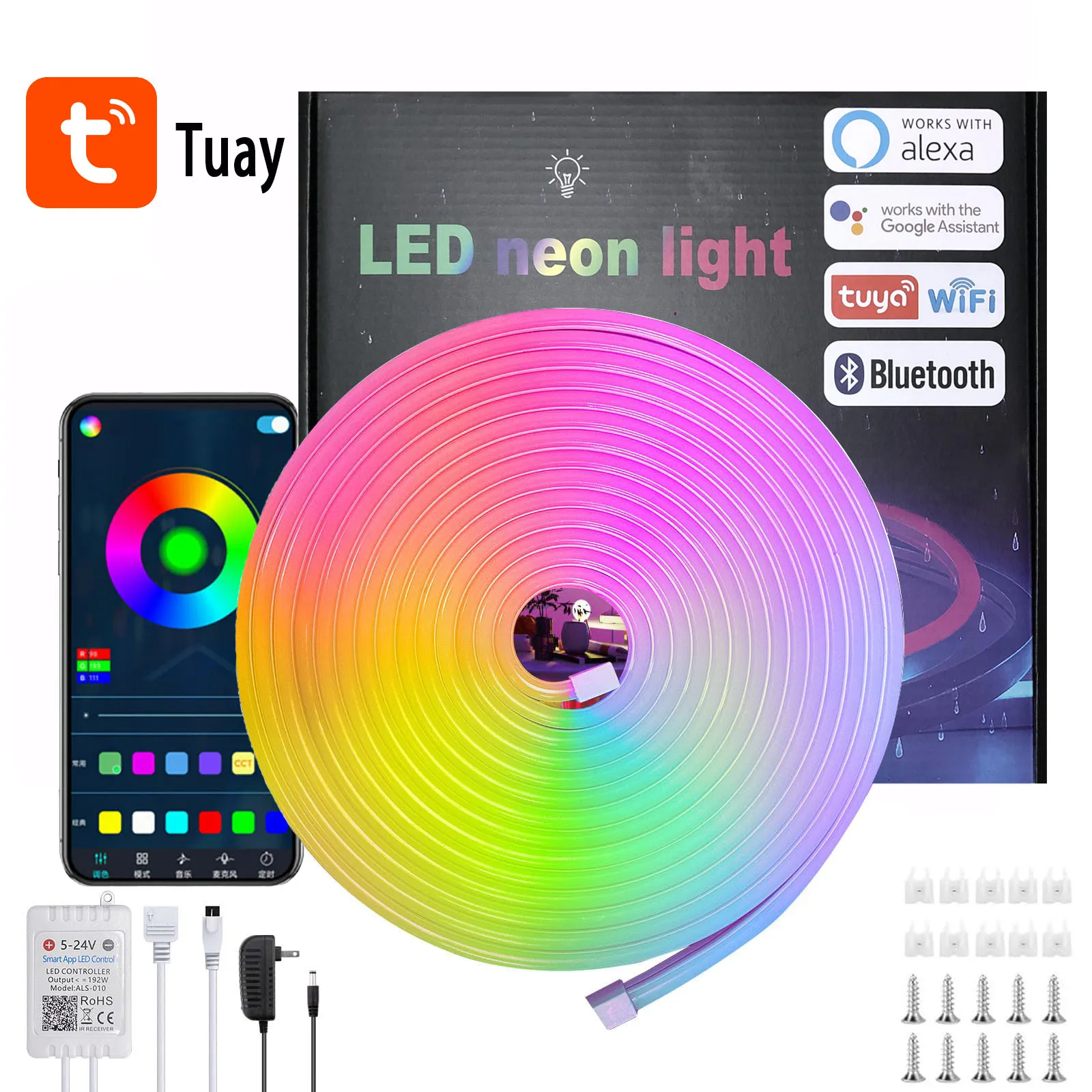 6X15mm ริ้วสายไฟนีออน LED Tuya ไฟนีออน RGB 24V2A อัจฉริยะเหมาะสำหรับอเล็กซากูเกิ้ลควบคุมโฮมเพจ