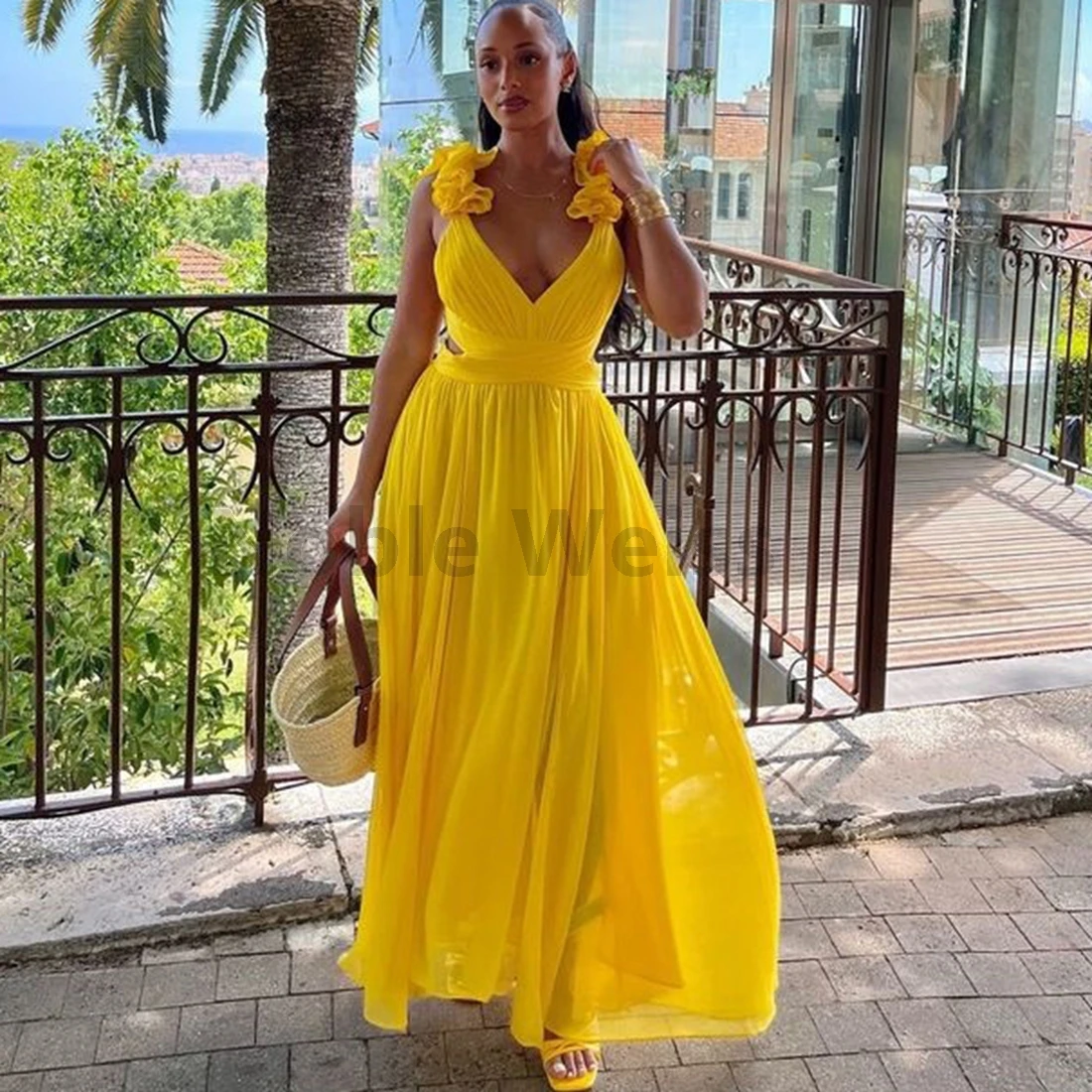 V-Neck Chiffon A-LINE Evening Dresses Long Pleat Prom Gowns Customize