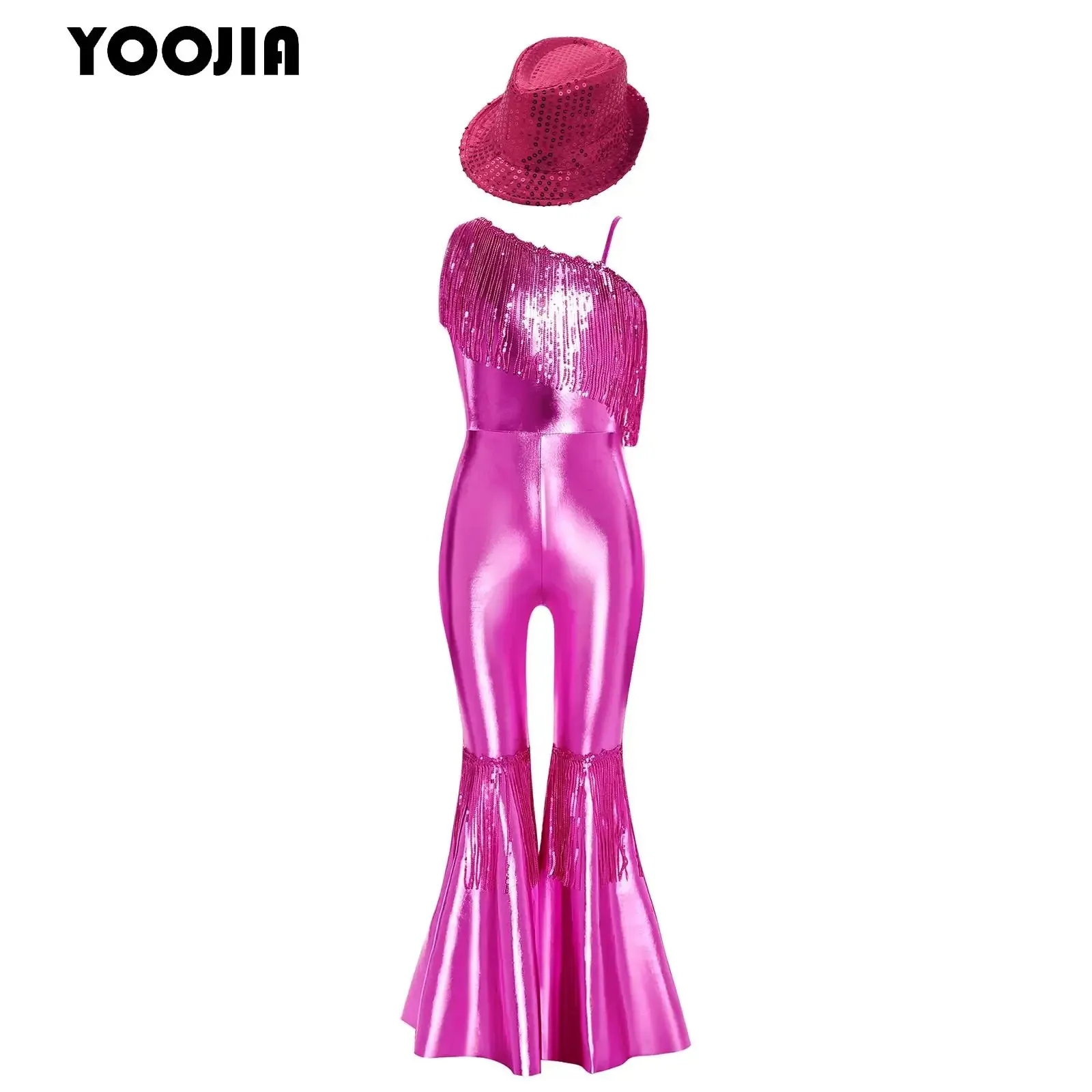 

Kids Girls Shiny Sequin 70S Disco Dance Jumpsuit Jazz Hippie Costumes One Sleeve Tassels Flared Bodysuit Banquet Pageant Rompers