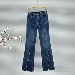 European Fashion Split Skinny Jeans for Women Trendy 2024 New Autumn High Waist Slim Fit All-Match Rhinestone Blue Denim Pants