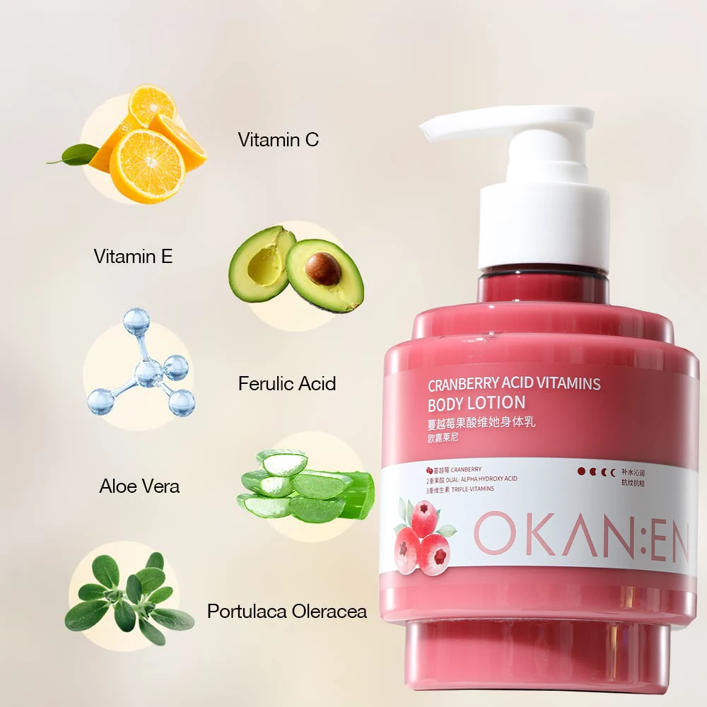 500ml/16.9 OZ  Cranberry Acid Body Lotion Moisturizer Skin Whitening Brightening Revitalizing Firming Repairing Hydrating