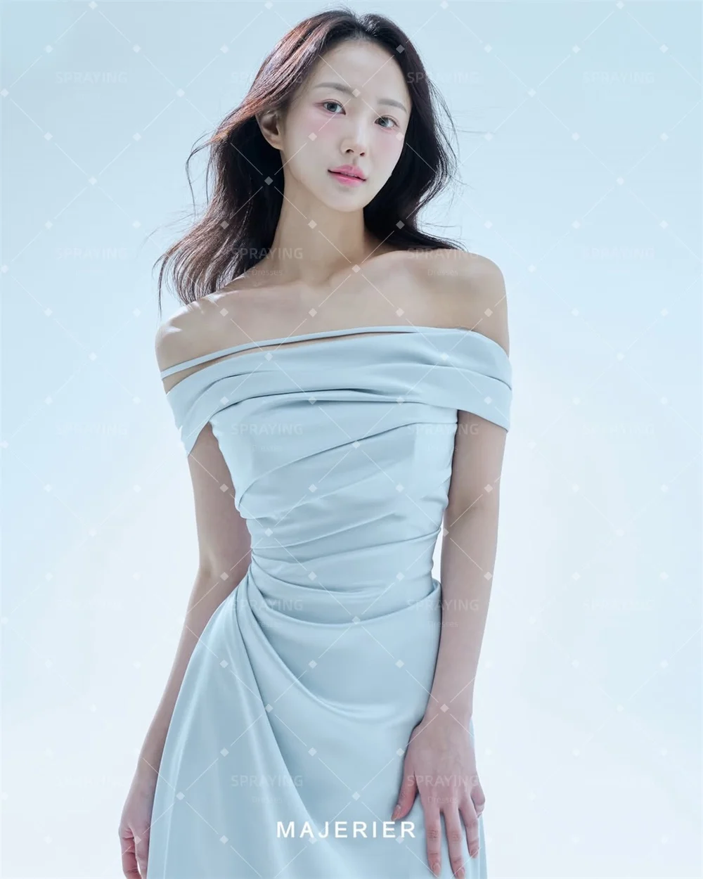 

SPRAYING Elegant Blue Satin Evening Dress Korea Wedding Photo Shoot Off the Shoulder Pleat A-line Long Party Dress Customized