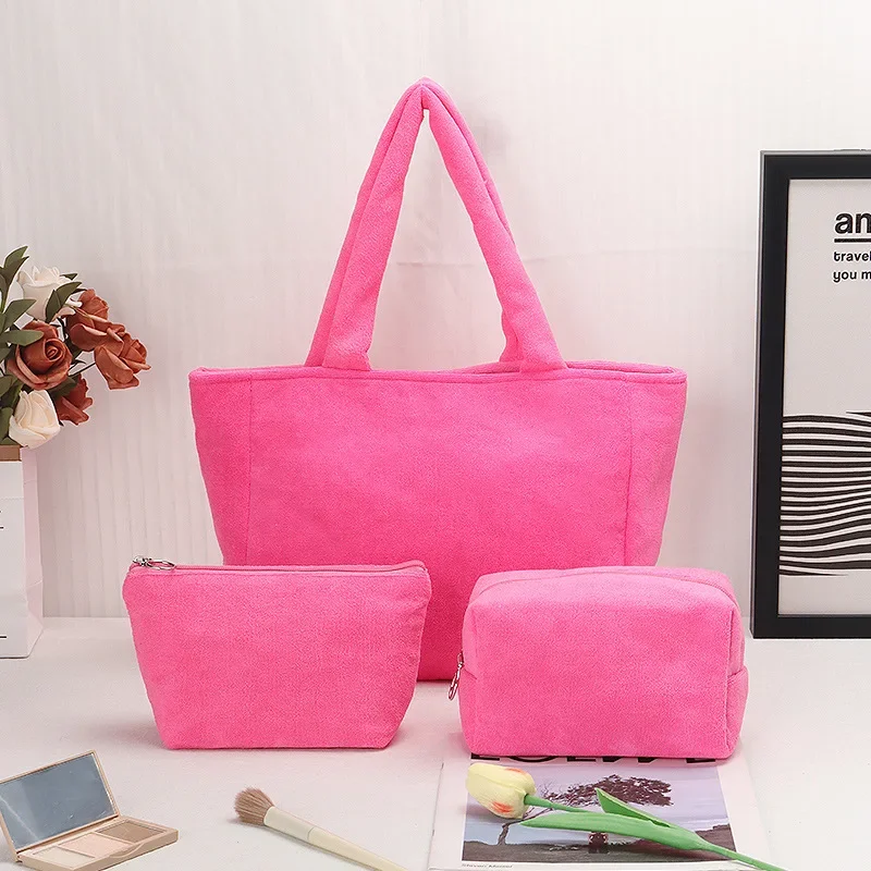 2024 New Terry Cosmetic Bag Large Capacity High Aesthetic Portable Pink Tote Bag Handbag Fashionable Women's