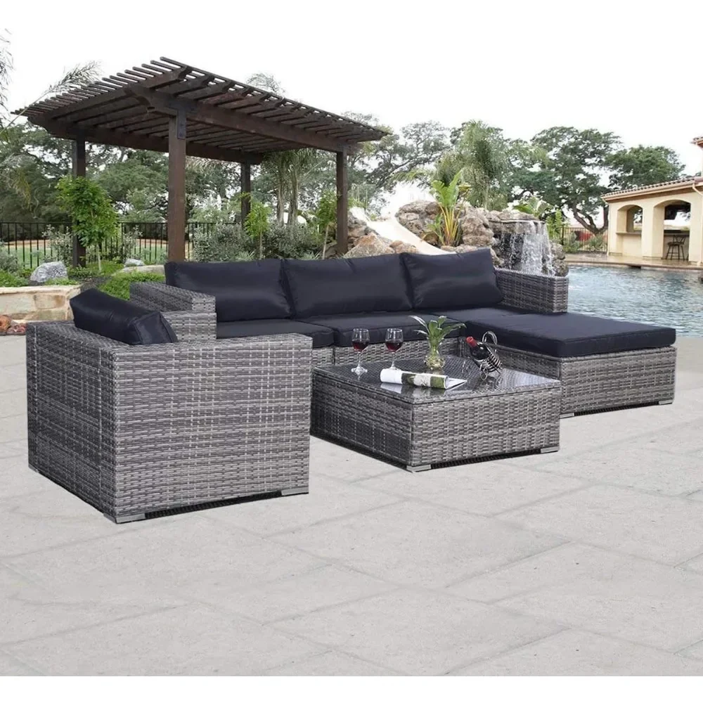 

6pc Patio Sofa Furniture Set Pe Rattan Couch Outdoor Steel Cushioned Gray