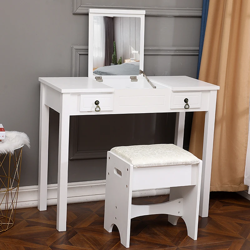 Flip Single Mirror Double Drawers Straight Feet Dresser White