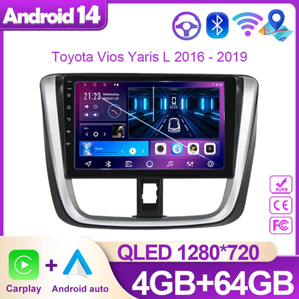 

For Toyota Vios Yaris L 2016 - 2019 Video Player Android Auto Radio Navigation Multimedia Stereo GPS WIFI Carplay No 2din DVD BT