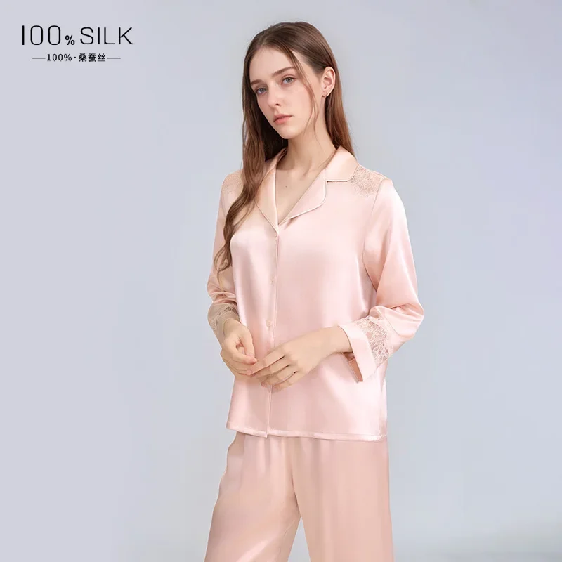 100% Real Silk Women's Long Sleeve Trousers Pajama Set Solid Color Lapel Pajamas Elegant Loungewear Sexy Lace Homewear Nightwear