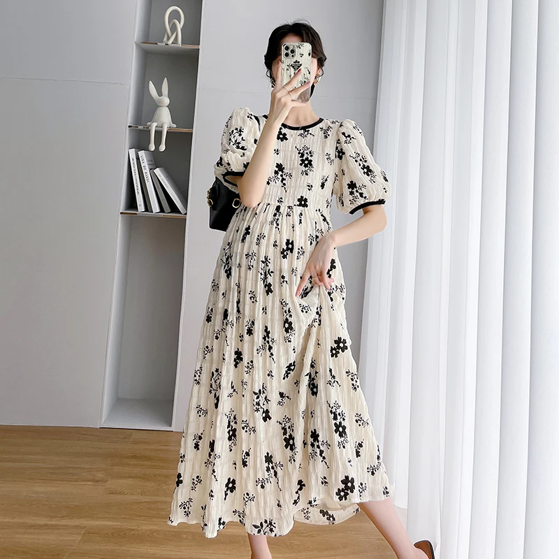 

2024 French Style Floral Dress for Pregnant Women Summer Puff Sleeve Maternity Nursing Dress Postpartum Woman Lactation Clothes